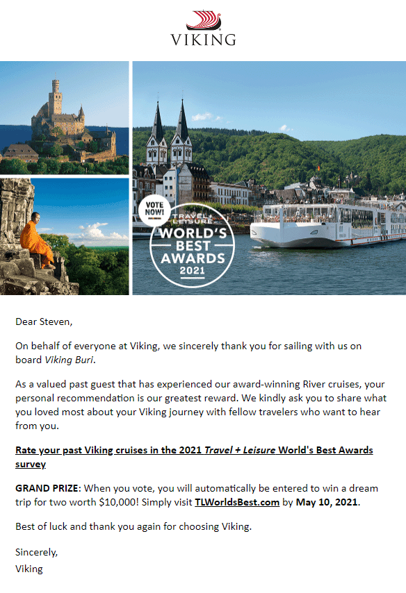 Viking Travel and Leisure Award Email